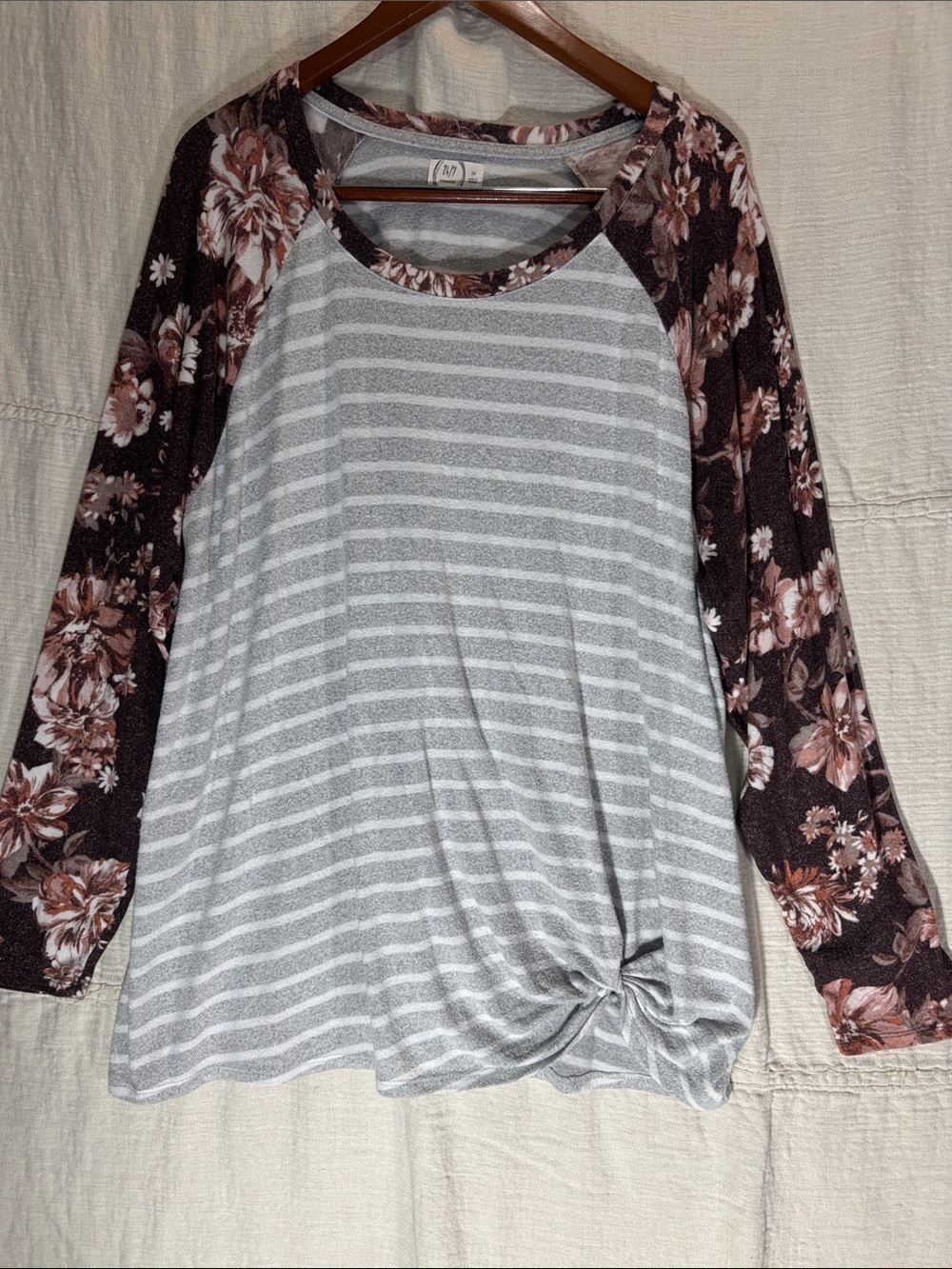Gray Striped Long-Sleeve Raglan Tee with Brown Floral Sleeves - Picture 1 of 16